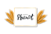 Vector Realistic Isolated Greeting Card With Lettering Logo For Shavuot Jewish Holiday And Wheat For Decoration And Covering. Concept Of Happy Shavuot.