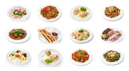 Collage of restaurant dishes isolated on white