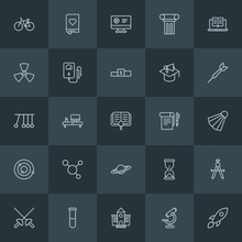 Modern Simple Set Of Science, Sports, Education Vector Outline Icons. Contains Such Icons As  Sky, Geometry,  Weapon,  Chemical,  Bicycle And More On Dark Background. Fully Editable. Pixel Perfect.
