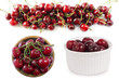 Set of cherries. Fresh red cherries lay on white isolated background with copy space. Background of cherries. Ripe cherry on a white background. Cherries with copy space for text. Top view.