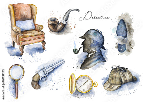 Cuadros en Lienzo Vintage set with hat, smoking pipe, pistol, footprint, chair, magnifier, pocket watch and silhouette of Sherlock Holmes on white background