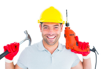 Poster - Happy repairman holding hammer and drill machine