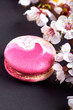 © alexmishchenko - A beautiful, fashionable, unusual, magical macaron \ macaroon with a delicate cream filling. Expensive French dessert made from almond flour on a black background. Sakura branch for decoration.