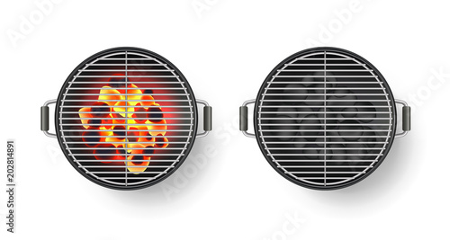 Vector realistic 3d illustration of round empty barbecue grill with hot coal, isolated on white background. BBQ top view © Betelgejze