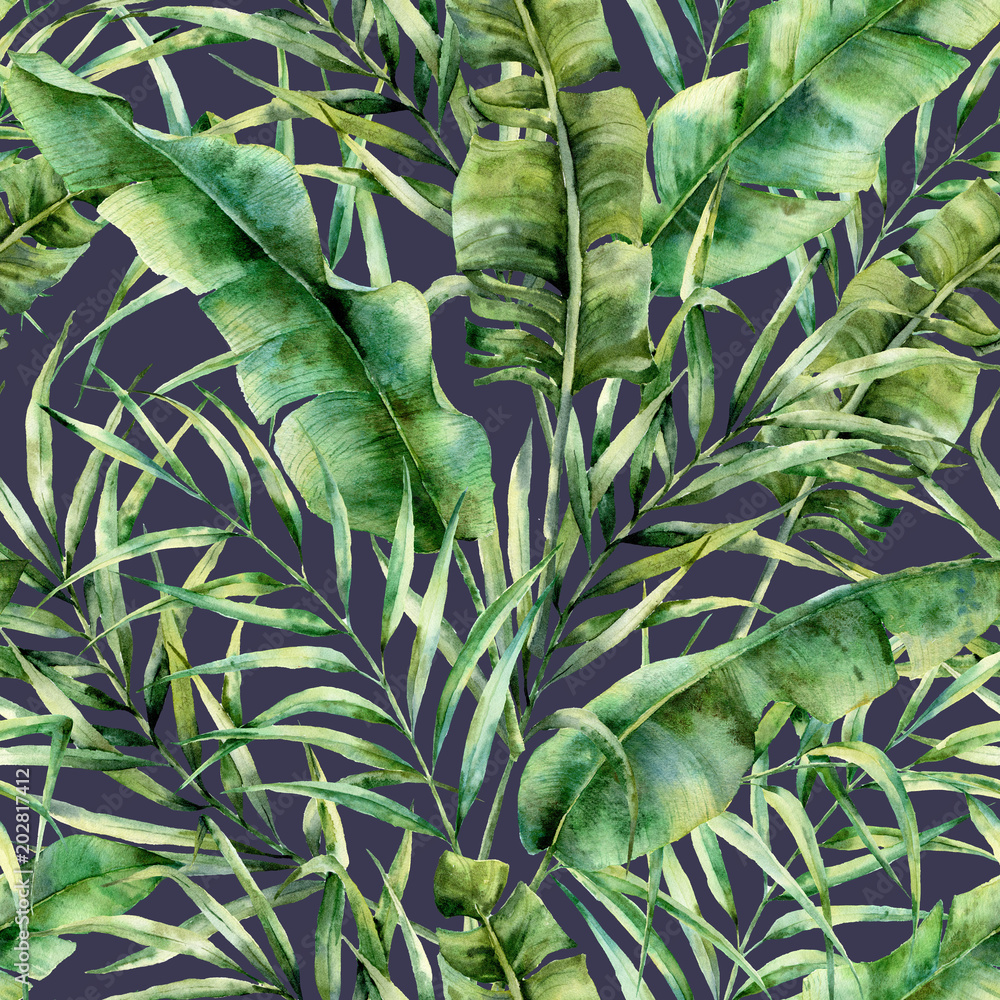 Foto-Kissen premium - Watercolor tropical tree leaves seamless pattern. Hand painted banana and coconut greenery exotic branch on dark blue background. Botanical illustration for design, fabric, print or background.