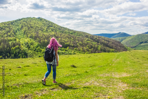 Travel Backpack Informal Girl With Pink Hair Back To Camera