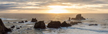 Panoramic Seascape View Of A Beautiful Pacific Ocean Coast With A Rugged Rocky Formation. Taken In Ecola State Park, Seaside, Cannon Beach, Oregon, USA.