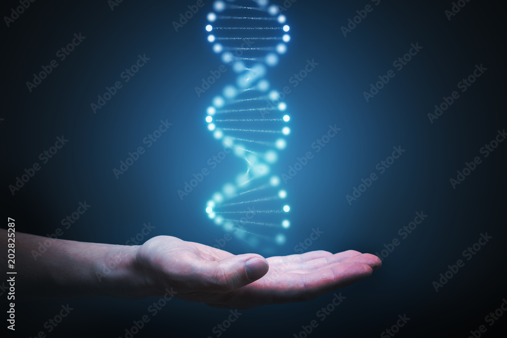 DNA and genetics research concept. Hand is holding glowing DNA molecule ...