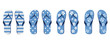 Four pair of different flip flops - blue white colors on transparent background