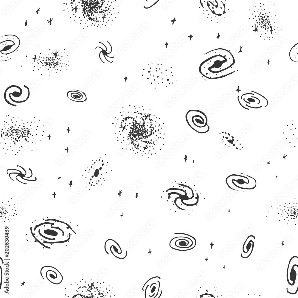 Vector seamless hand drawn galaxy background from spiral, elliptical ...