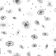 Wall Mural - Vector seamless hand drawn galaxy background from spiral, elliptical and irregular nebula. Space backdrop