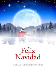 Wall Mural - Santa delivery presents to village against feliz navidad