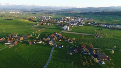 Wall Mural - Aerial view of the small village Grosswangen near Lucerne in central Switzerland in the evening light