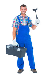 Poster - Portrait of happy plumber with plunger and toolbox