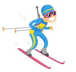 Canvas Print - Young caucasian white sportsman taking part in ski biathlon competition. Cheerful biathlon runner running with a rifle gun behind his back. Vector cartoon illustration isolated on white background.