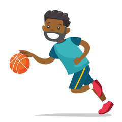 Canvas Print - Young black basketball player running with a ball. Professional sportsman playing basketball. Concept of sport and physical activity. Vector cartoon illustration isolated on white background