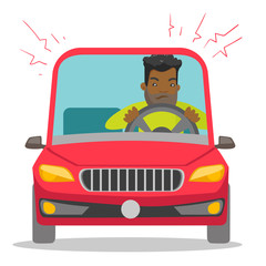 Poster - Angry black man in a car stuck in traffic jam. Irritated young hipster man with beard driving a car in a traffic jam. Vector cartoon illustration isolated on white background. Square layout.