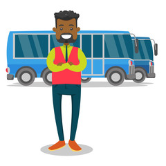 Canvas Print - Young black bus driver in uniform standing on the background of buses. Bus driver posing against a blue tourist bus. Vector cartoon illustration isolated on white background. Square layout.