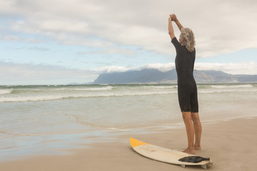 Wall Mural - Rear view of woman stretching while standing by surfboard against cloudy sky