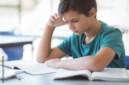 Fotografía Attentive schoolboy studying in classroom