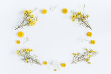 Flowers Composition. Frame Made Of Yellow Flowers On Gray Background. Flat Lay, Top View, Copy Space