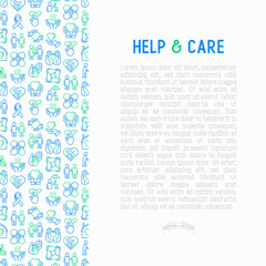 Wall Mural - Help and care concept with thin line icons: symbols of support, help for children and disabled, togetherness, philanthropy and donation. Modern vector illustration, template for print media.