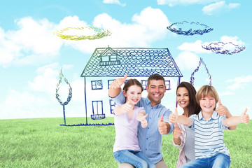 Happy family gesturing thumbs up against blue sky over green field