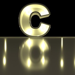 Character C font with reflection. Light bulb glowing letter alphabet. Capital symbol on black background. 3d rendering