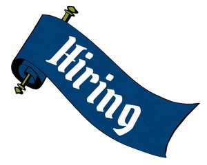 Sticker - HIRING on blue paper scroll cartoon.