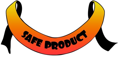 Sticker - Orange ribbon withSAFE PRODUCT text.