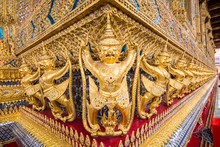 Perspective View Of Golden Statue Garuda In Wat Phra Kaew Temple, Bangkok, Thailand.