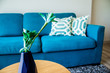 Living room home design for contemporary layout and blue couch with good balance for relaxation and living well.