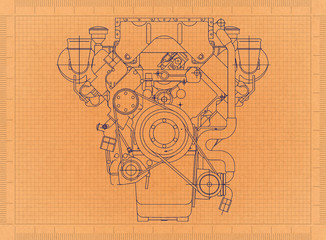 Wall Mural - Car Engine - Retro Blueprint