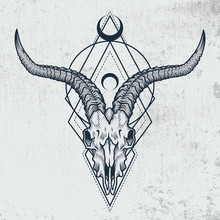 Goat Skull In Engraving Graphic, Ink Technique. Vector Illustration Of Goat Skull With Sacred Geometry Shapes On Grunge Background. Good For Posters, T-shirt Prints, Tattoo Design.