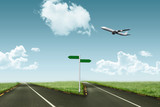 Fototapeta  - Graphic airplane against road leading out to the horizon
