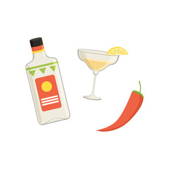 Sticker - Bottle of tequila, glass with lime slice and chili pepper, traditional symbol of Mexico vector Illustrations on a white background