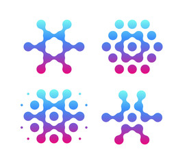 Aufkleber - Digital snowflakes icons, molecular science logo set, abstract blue button from dots, honeycombs symbol collection on white background.