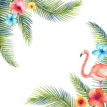 Watercolor Vector Card Of Tropical Leaves And The Pink Flamingo Isolated On White Background.