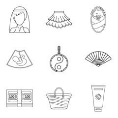 Sticker - Female pleasure icons set. Outline set of 9 female pleasure vector icons for web isolated on white background