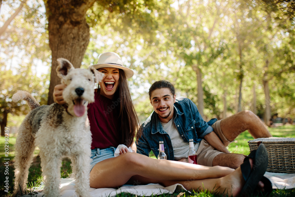 Couple on picnic with pet dog Stock Photo | Adobe Stock