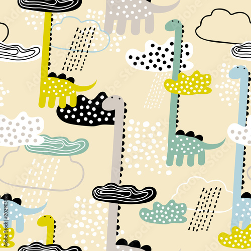 Stoffe zum Nähen Kindisch Musterdesign mit Dino, Wolken und Regen. Skandinavischen Stil. Sommer kindisch Hintergrund. Perfekt für Stoff, Textil. Vektor-Hintergrund. Pastell-Farben