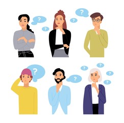 Wall Mural - Bundle of thoughtful male and female cartoon characters and thought bubbles with question marks. Collection of portraits of men and women thinking isolated on white background. Vector illustration.