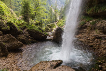Upper Pericnik Waterfall From Behind At Triglav National Park, Julian Alps, Slovenia.