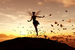 Leinwandbild Motiv 3d rendering of a fairy on a tree trunk on the sky of a sunset or sunrise surrounded by flock butterflies