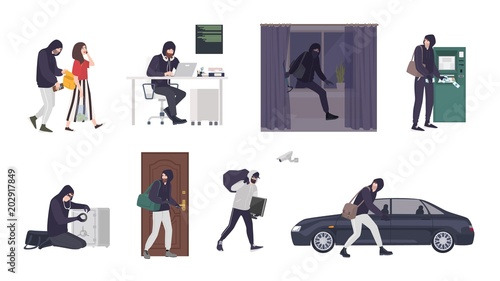 Fotomural Collection of scenes with male thief or burglar wearing mask and black clothes stealing things from woman s handbag, ATM, safe box, car, apartment or house