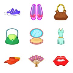 Sticker - Ladies shopping icons set. Cartoon set of 9 ladies shopping vector icons for web isolated on white background