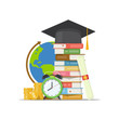 Stack of books, graduation cap, globe, alarm clock and pile coins isolated white background. Back to school, graduation or scholarship concept. Invest in education. Vector illustration in flat style.