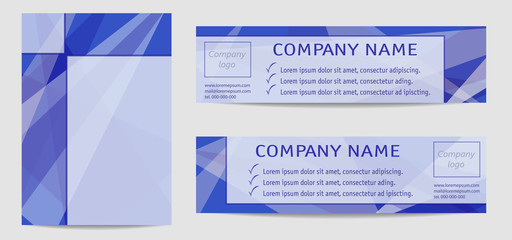 Brochure cover A4 and two banners in blue tones. Frame with triangles. Set of vector layouts, modern templates for book, certificate, flyer. Geometric background. EPS10 illustration