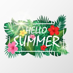 Green summer with exotic palm leaves and hibiscus flowers. Vector illustration