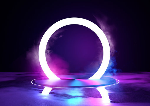A large glowing neon loop sircle, futuristc background with platform. 3D illustration.